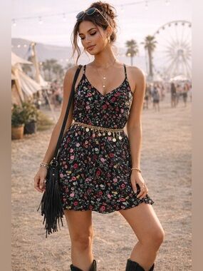 H&M Coachella Floral Mini Dress Black Boho Festival Dress Size 14